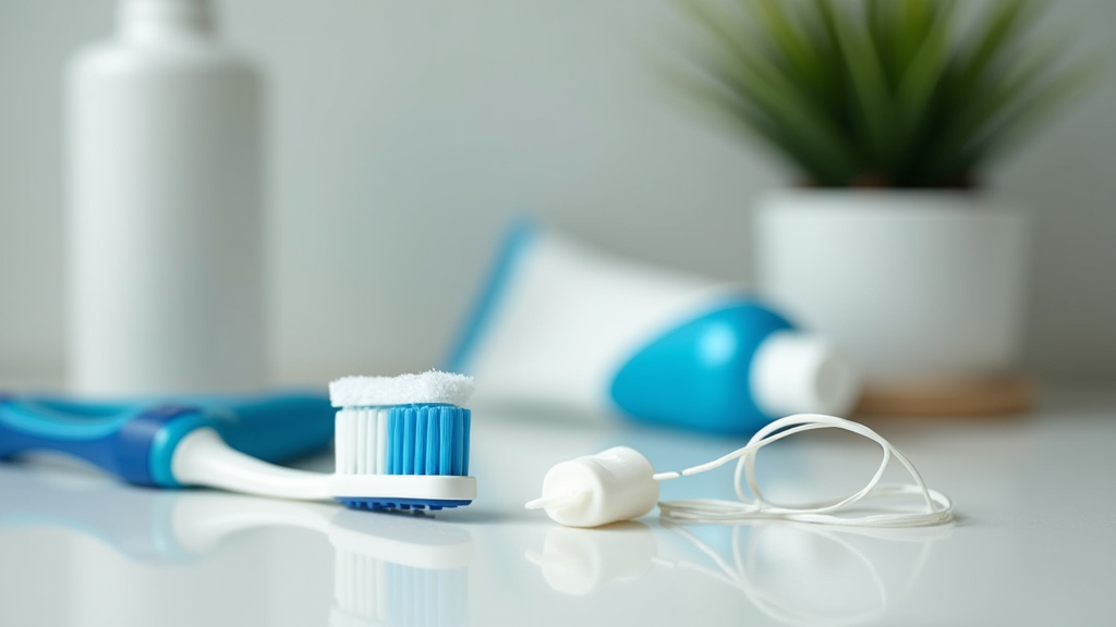 Toothbrushes, toothpaste, and dental floss arranged on a bathroom counter beside a glass of water and a small potted plant.