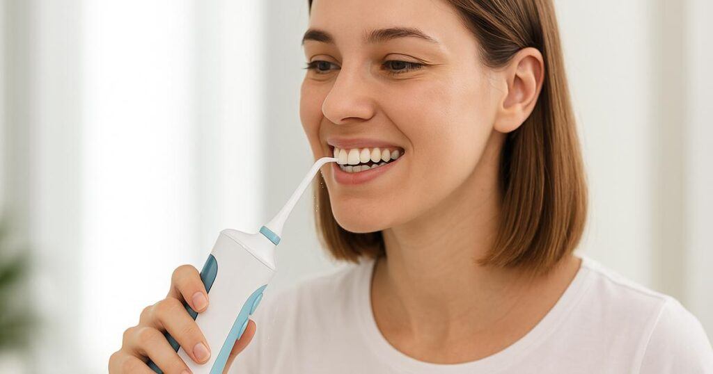A young lady using a water flosser